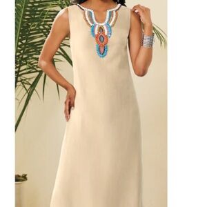 Elegant Cream Sleeveless Dress with Beaded Detail Size 14